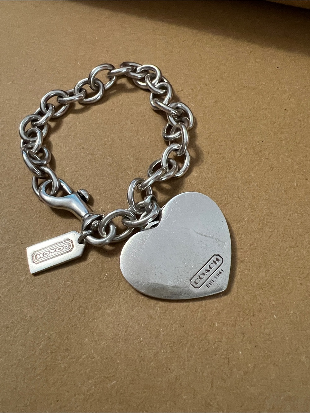 COACH Sterling Silver Double Heart 925 Bracelet with dog leash clasp 36 Grams - Picture 5 of 13